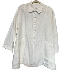 VTG MoSaic Tunic Top Womens Large White Linen Button Pockets Coastal Grandmother